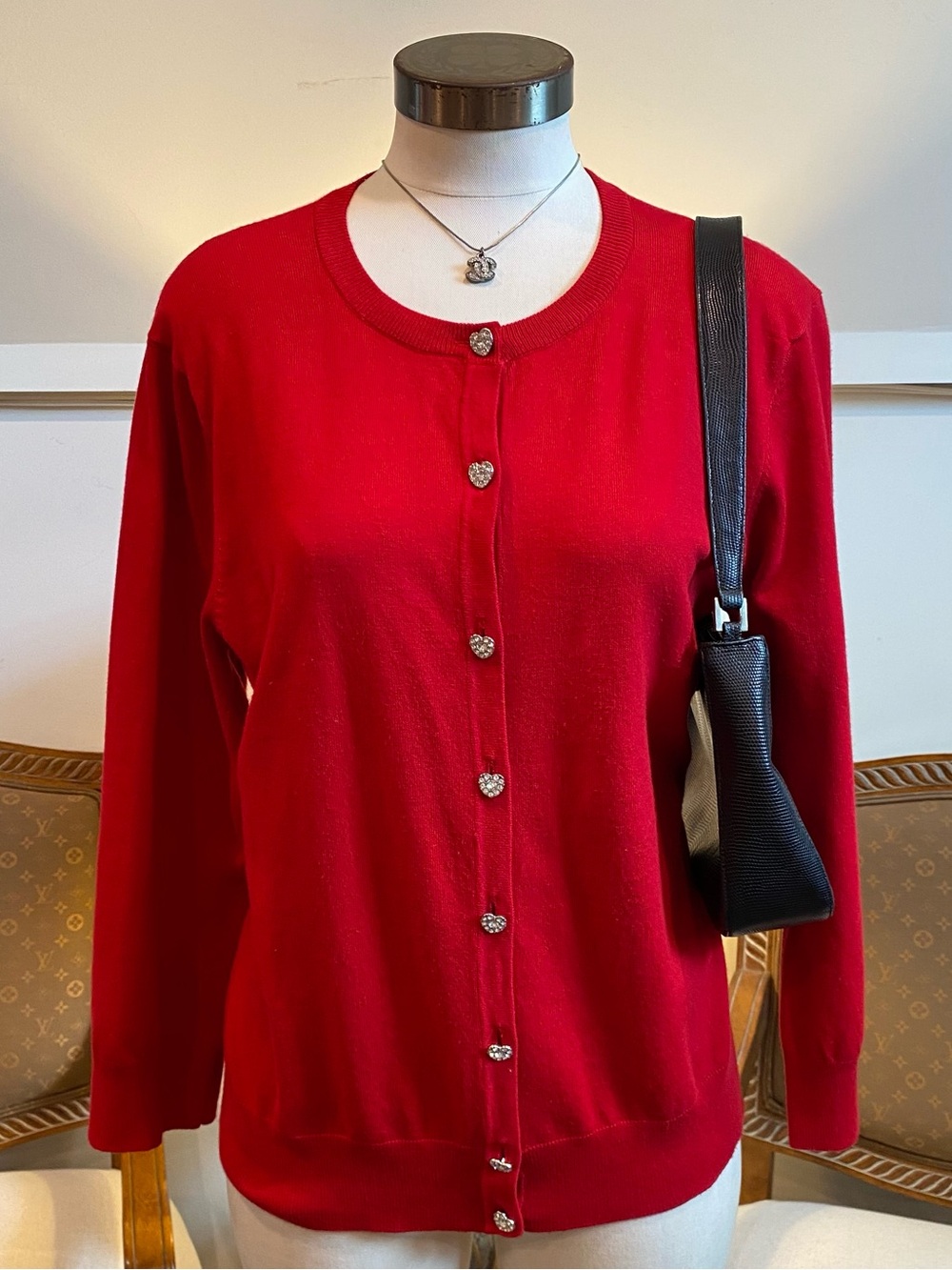 Cable & Gauge Red Heart Button-Front Rayon Cardigan Sweater L Rhinestone Buttons